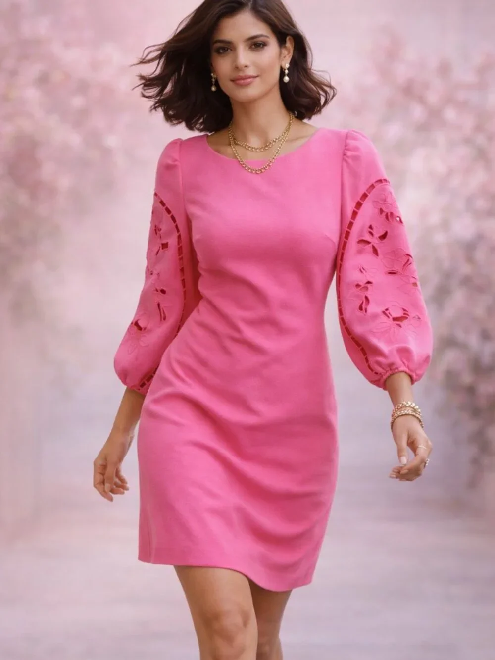 Hot Pink Statement Mini Dress Vince Camuto Eyelet Sleeve NWT - Picture 5 of 11